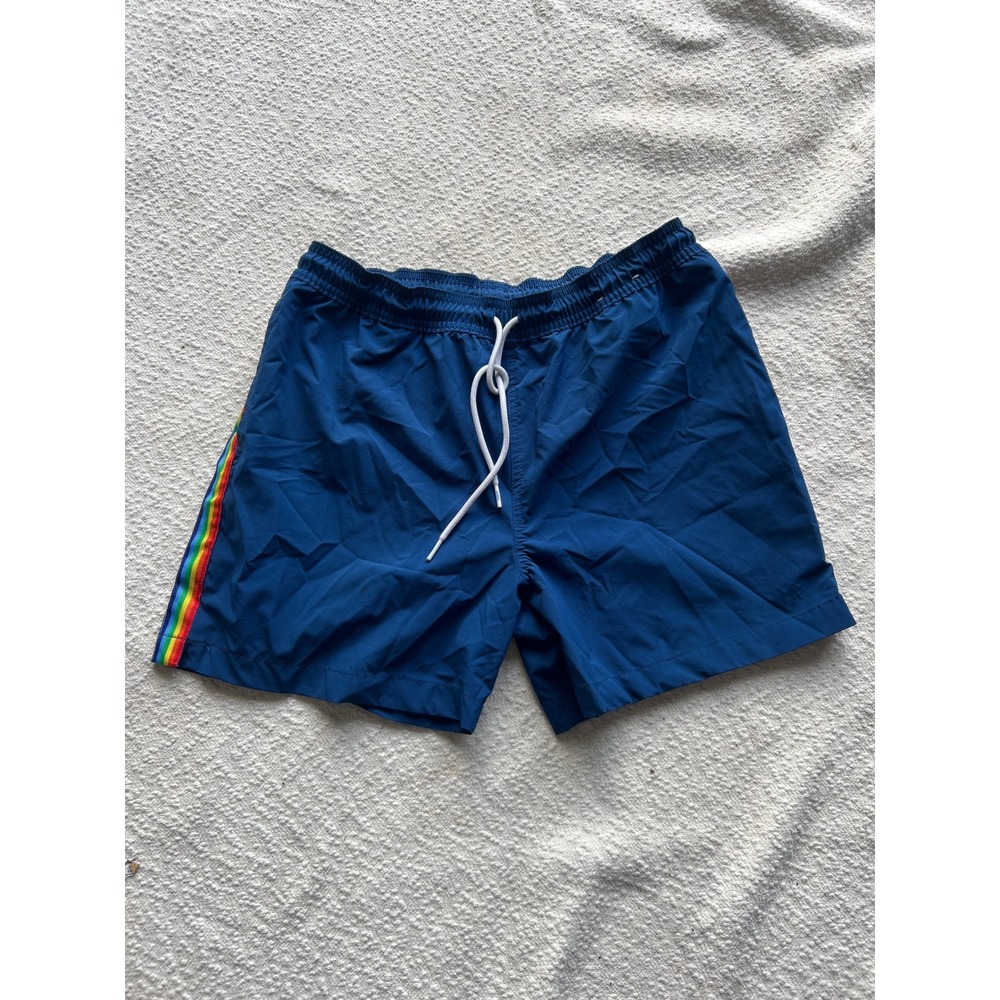 Chubbies Mens Swim Trunks Navy Blue Rainbow Stripe Mesh Liner Small 5.5 Inseam